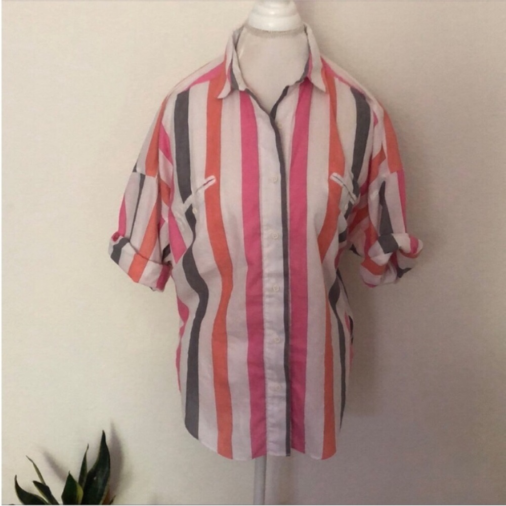Diane Von Furstenberg Pink Orange Gray White Striped Button-Up Blouse